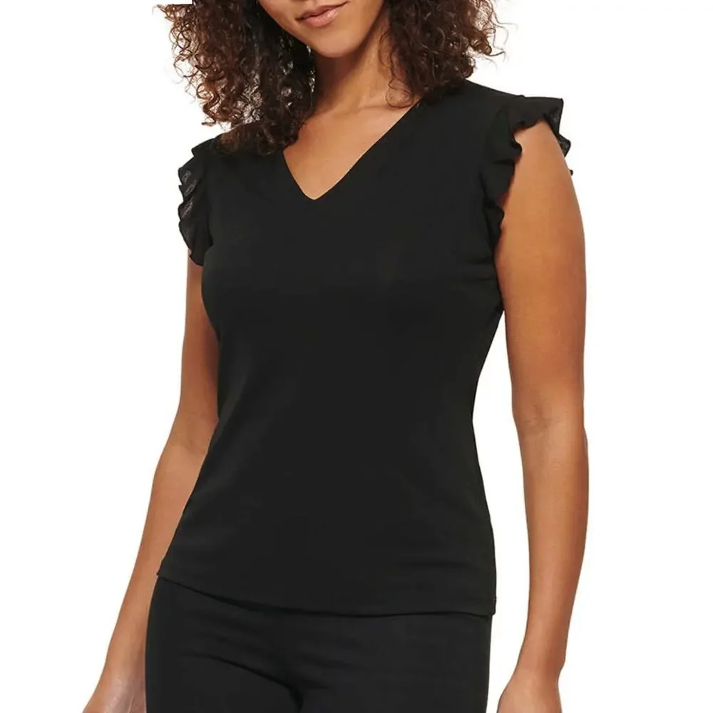 New! Andrew Marc Women's V-Neck Ruffle Sleeve Blouse T-Shire Top - Picture 6 of 7